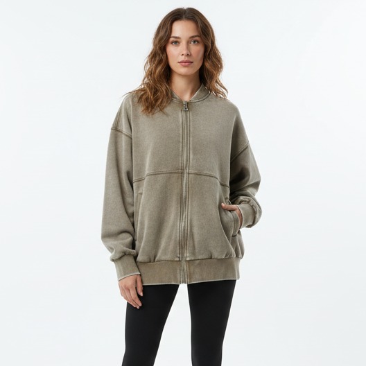 Oversized snow-washed French Terry jacket on model