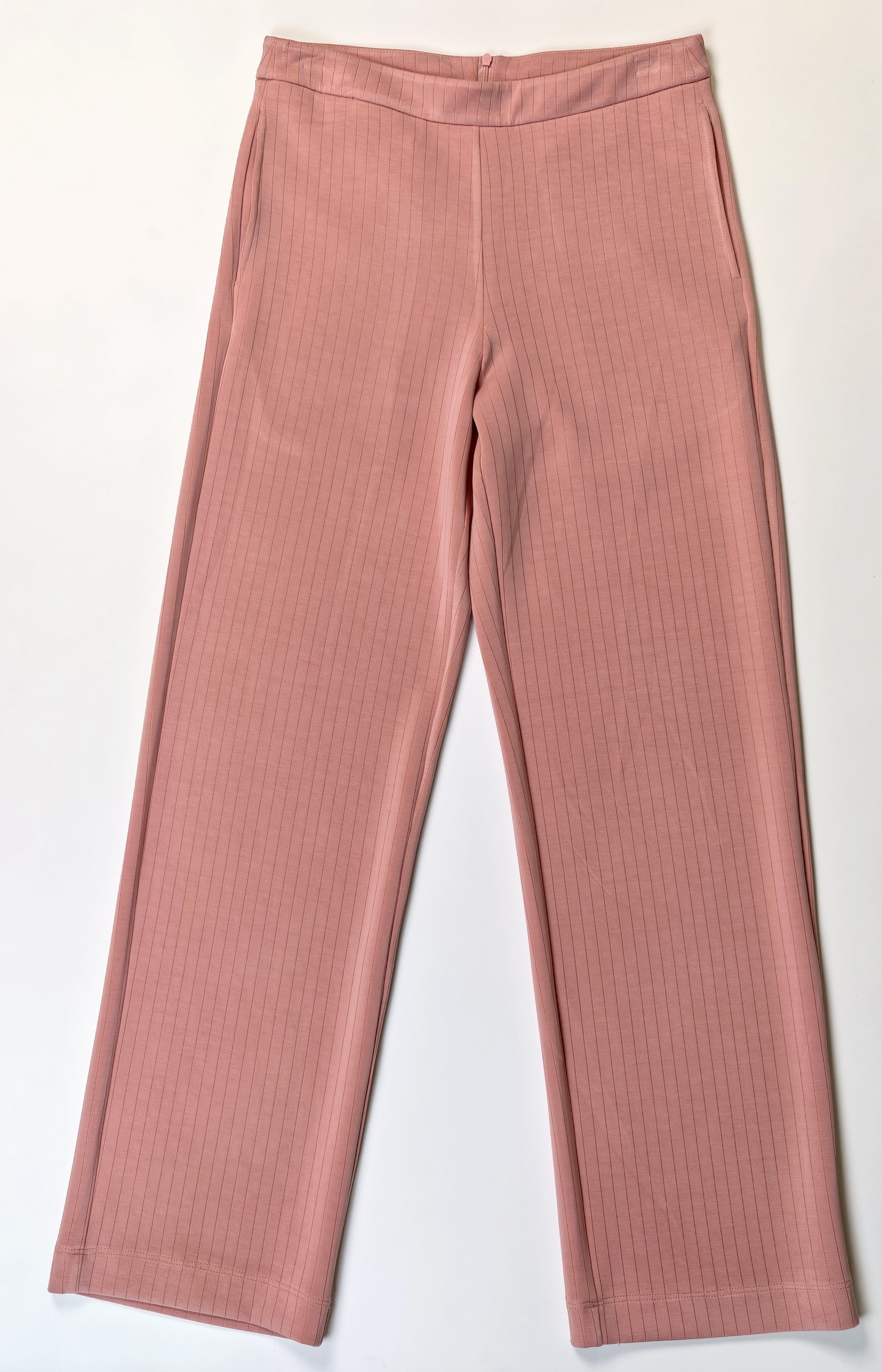 Flat front showing textured scuba and straight-leg shape