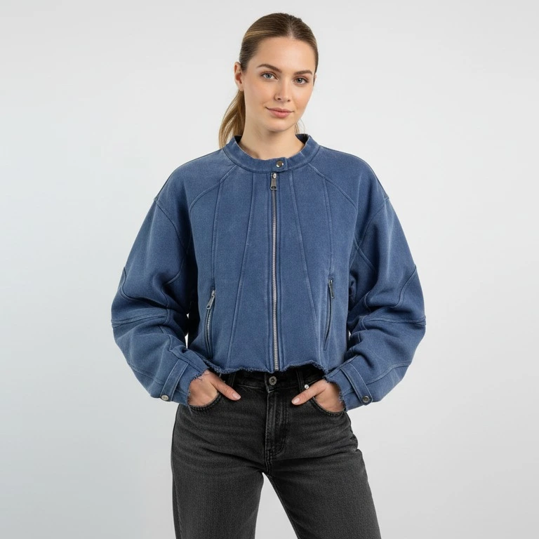 380 GSM snow-washed French terry jacket on model