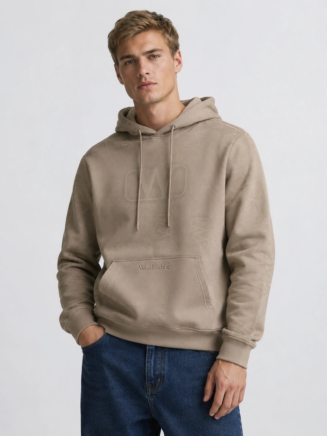Model wearing taupe tonal jacquard pullover hoodie