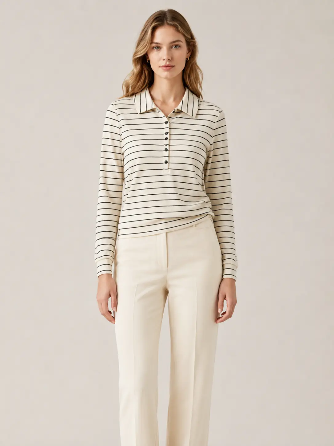 Woman wearing ivory striped long-sleeve polo top