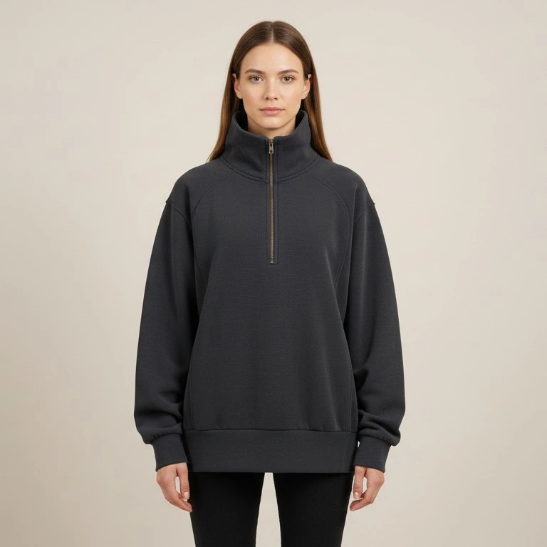 Dark charcoal half-zip scuba pullover front model view