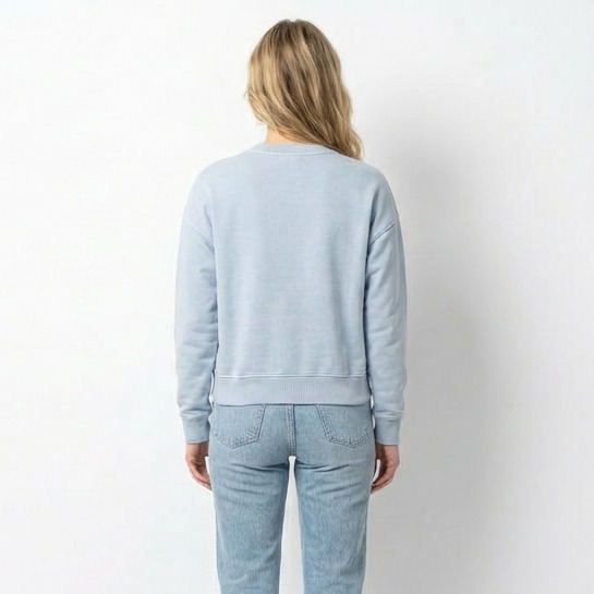Back view of cropped cotton sweatshirt with dropped shoulders