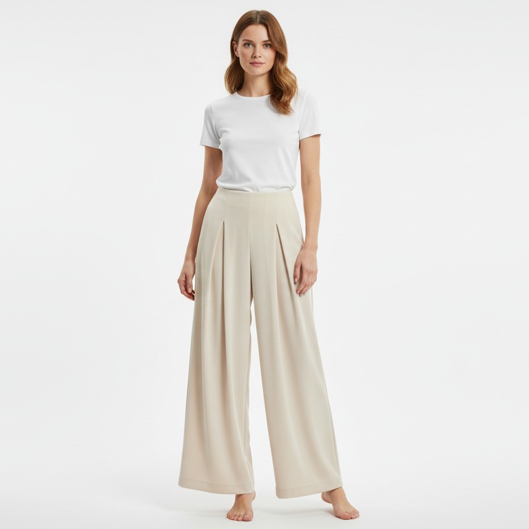 Ivory pleated wide-leg pants front model view