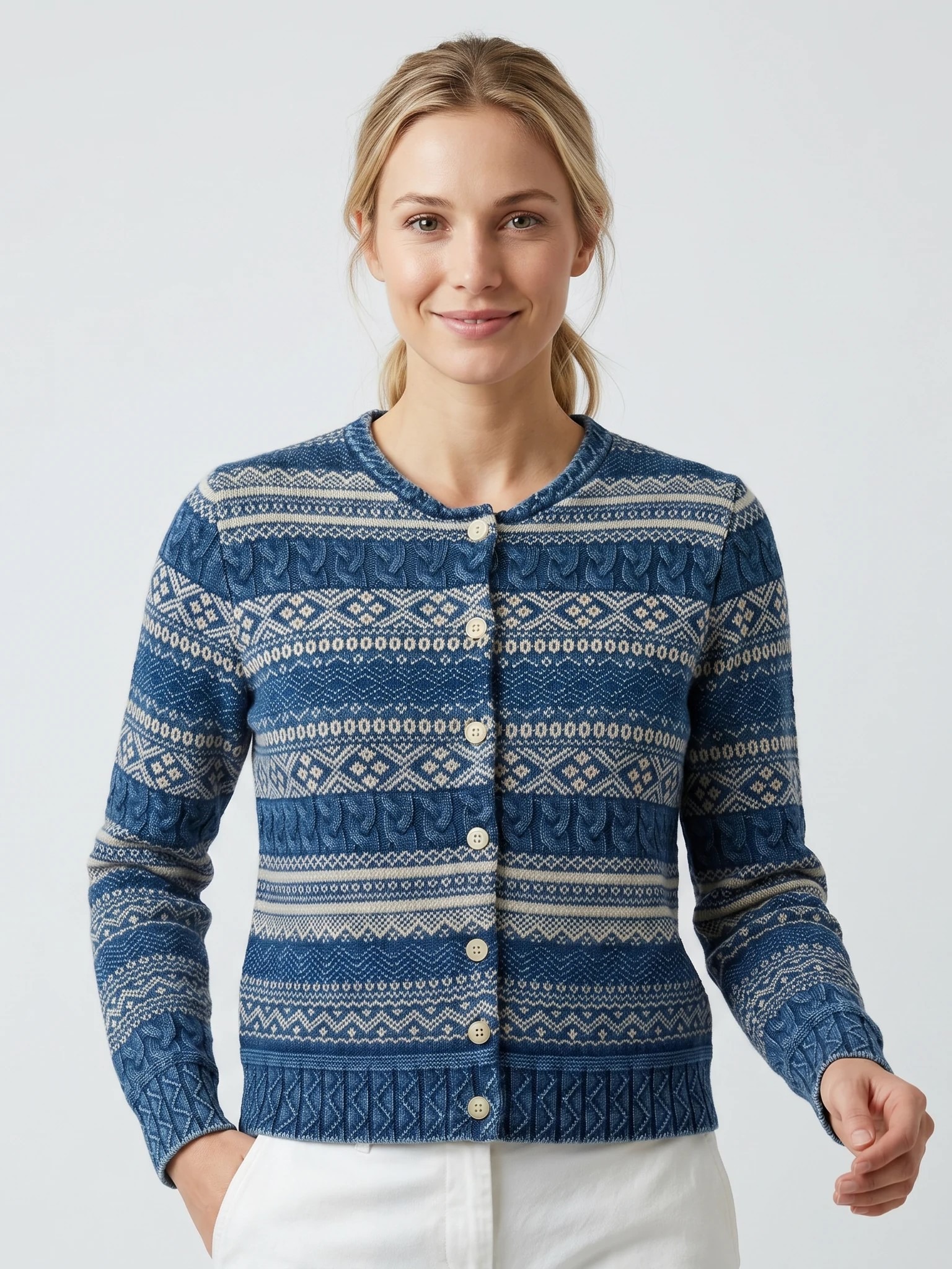 Vintage-washed jacquard cardigan for private label knitwear
