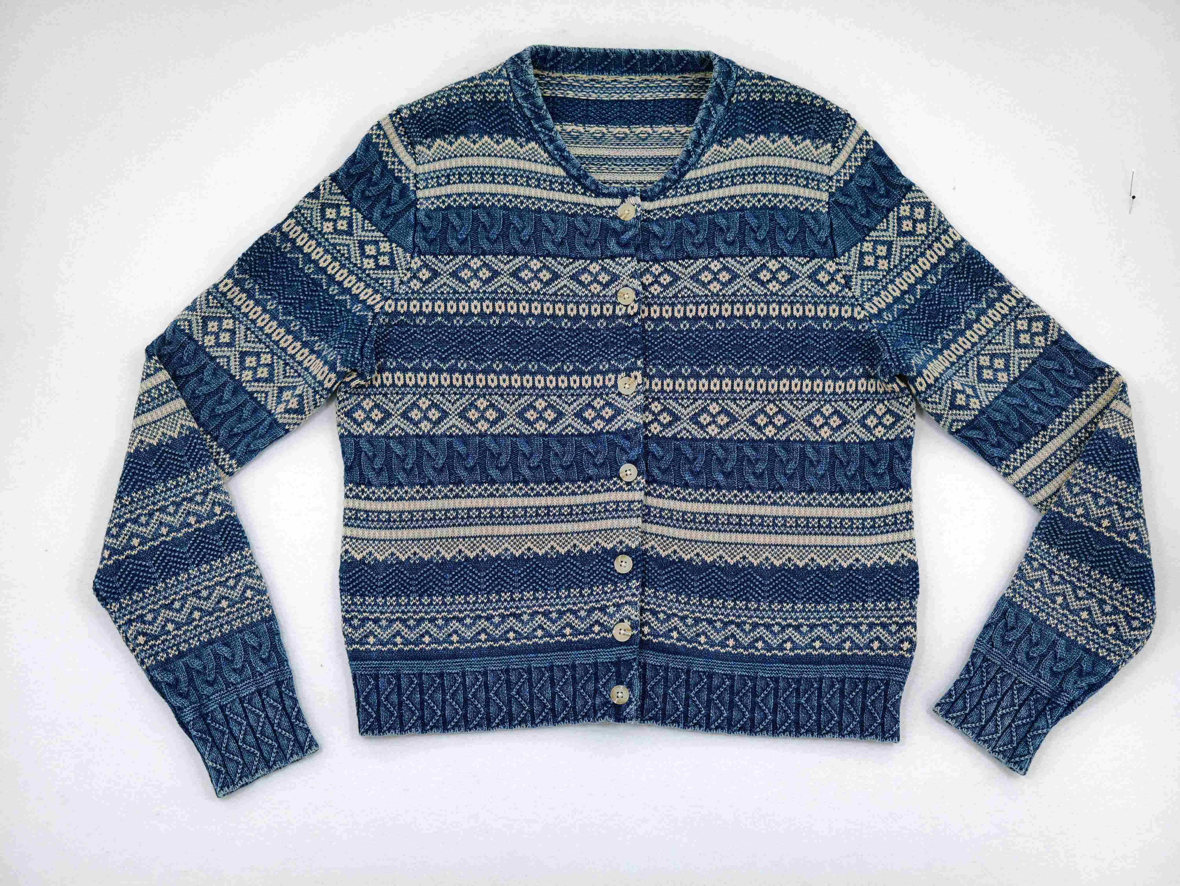 Blue denim-cotton jacquard cardigan shown flat from front