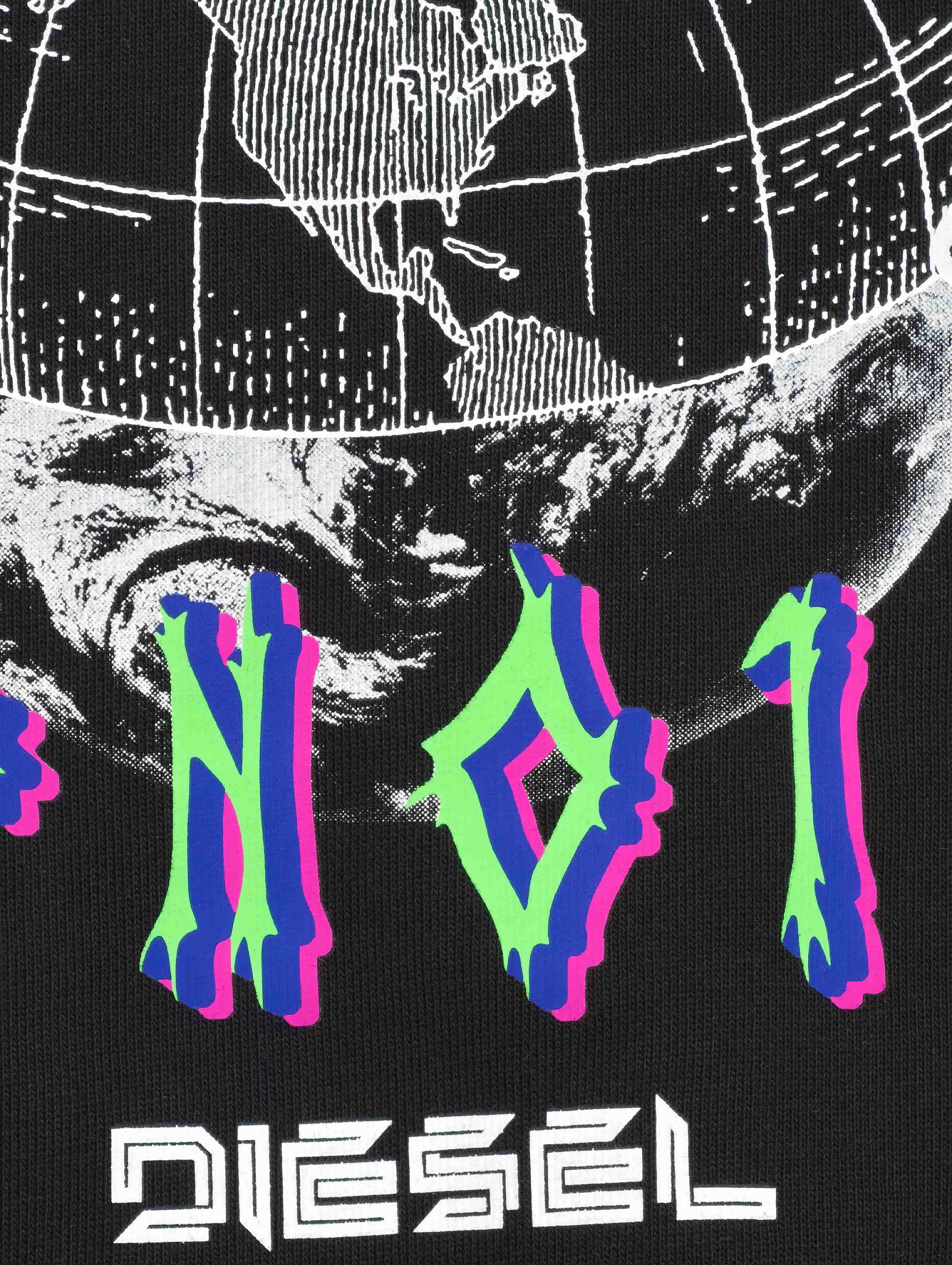 Multicolor globe graphic print detail on black fabric