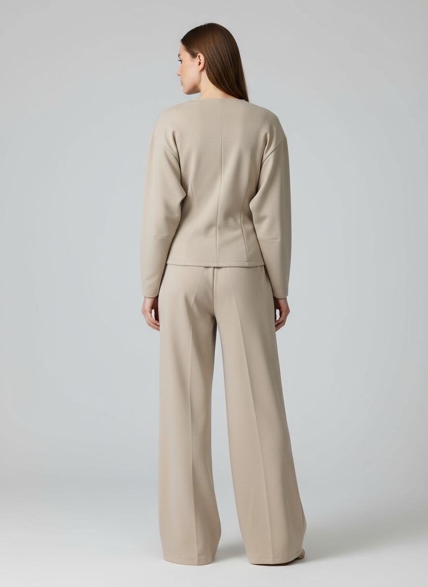 Rear waist seams define the coordinated wide-leg silhouette