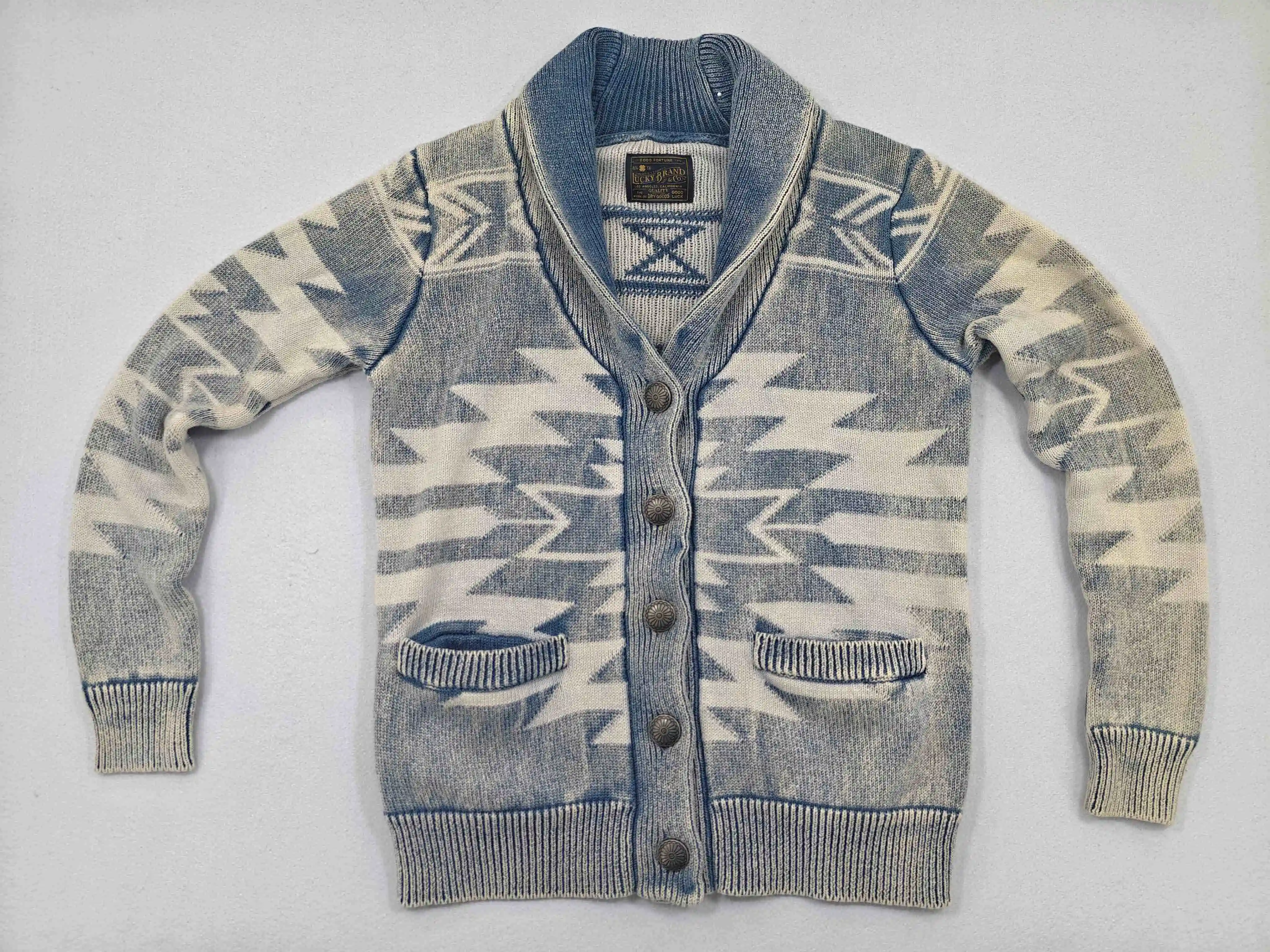 Blue jacquard shawl cardigan front view