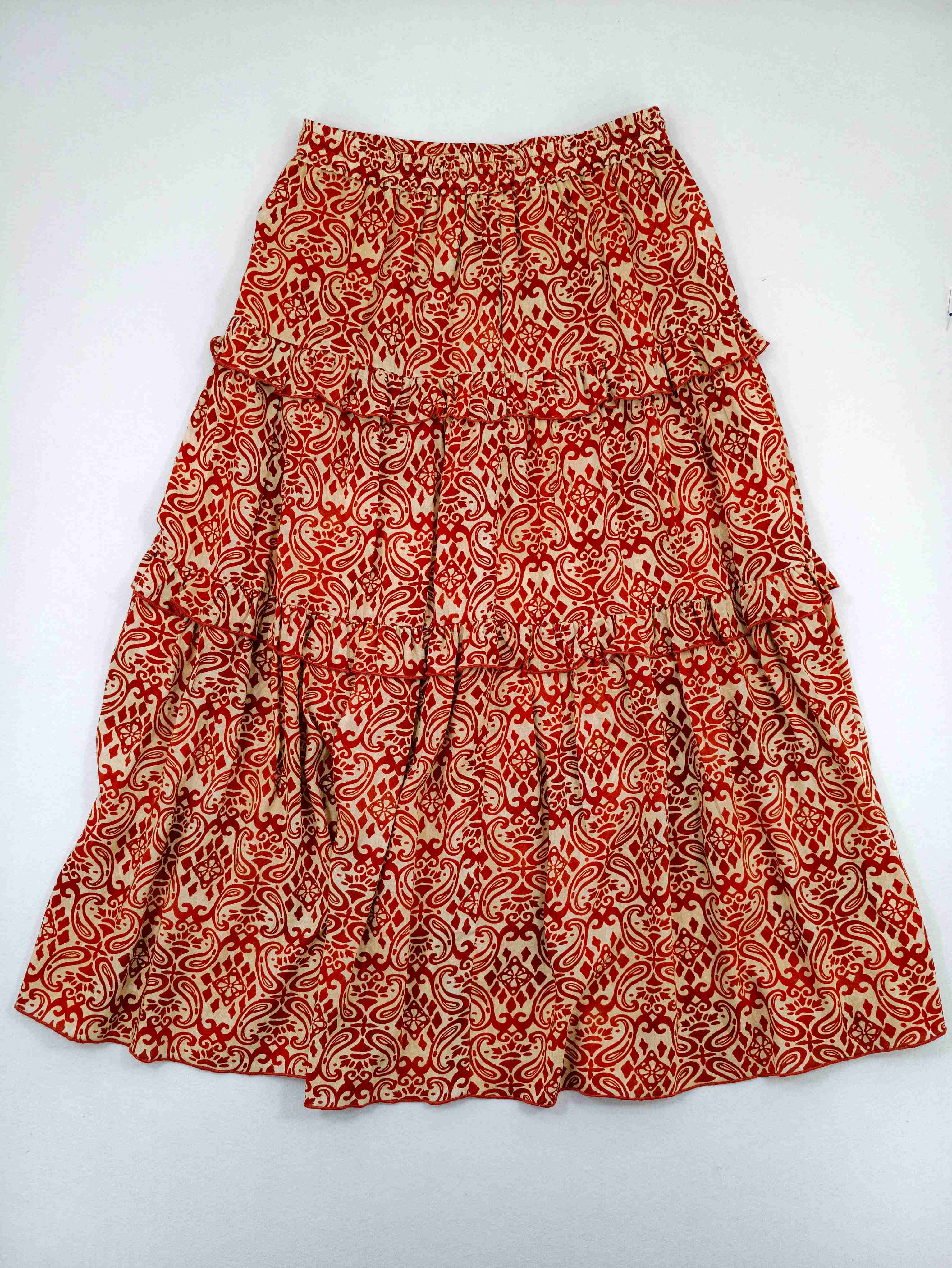 Printed rayon tiered midi skirt front flat view