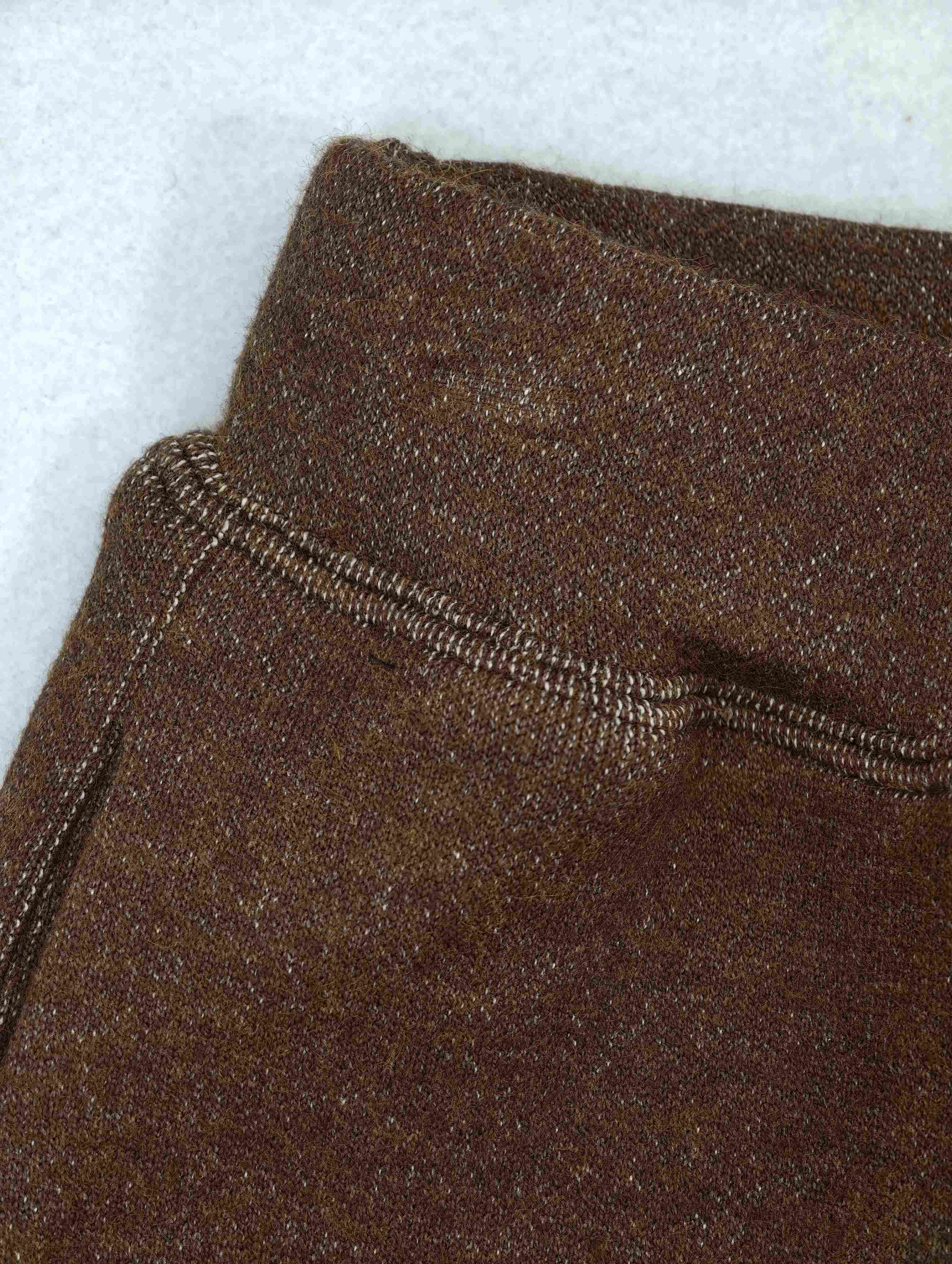 Pull-on waistband and front seam construction close-up