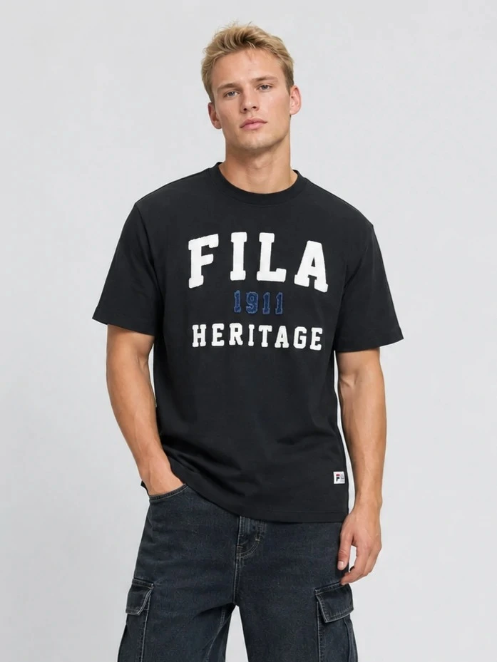 Black varsity graphic T-shirt in relaxed streetwear fit