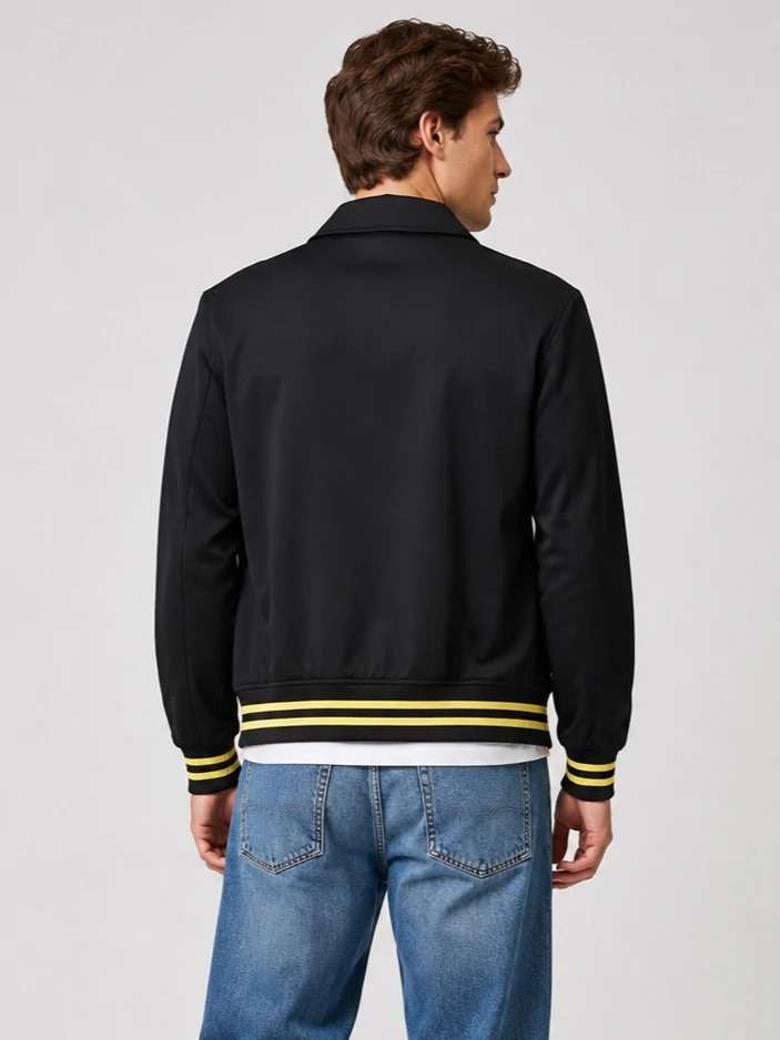 Back view of men’s black casual varsity jacket