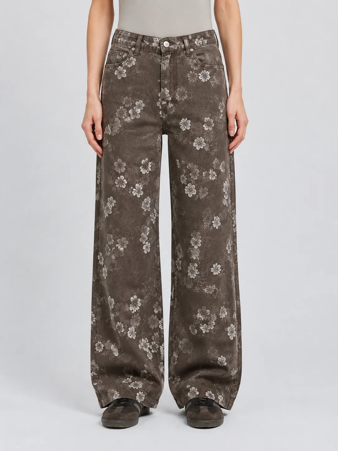 Brown floral wide-leg jeans front view for private label