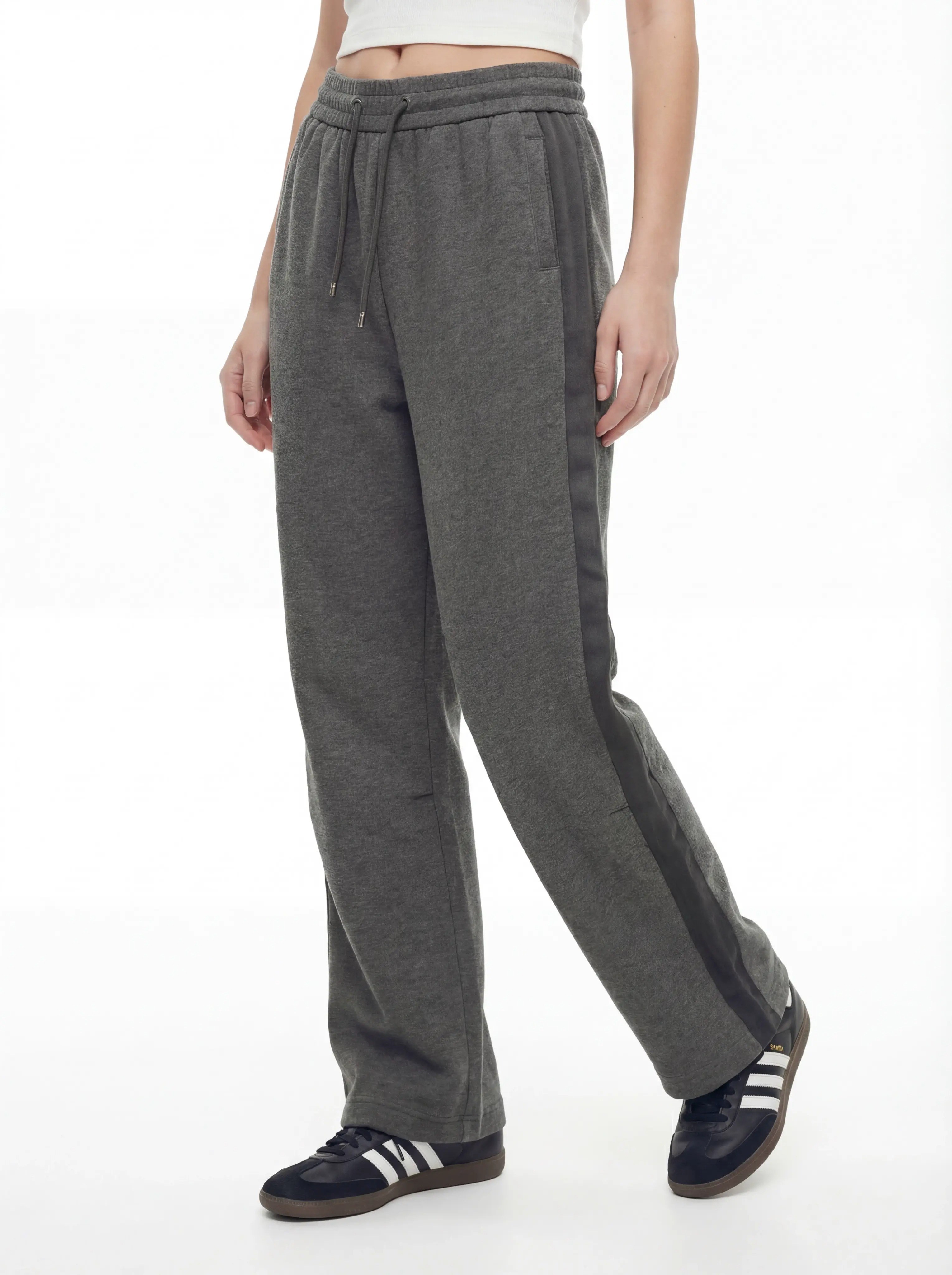Grey cotton fleece track pants front model view