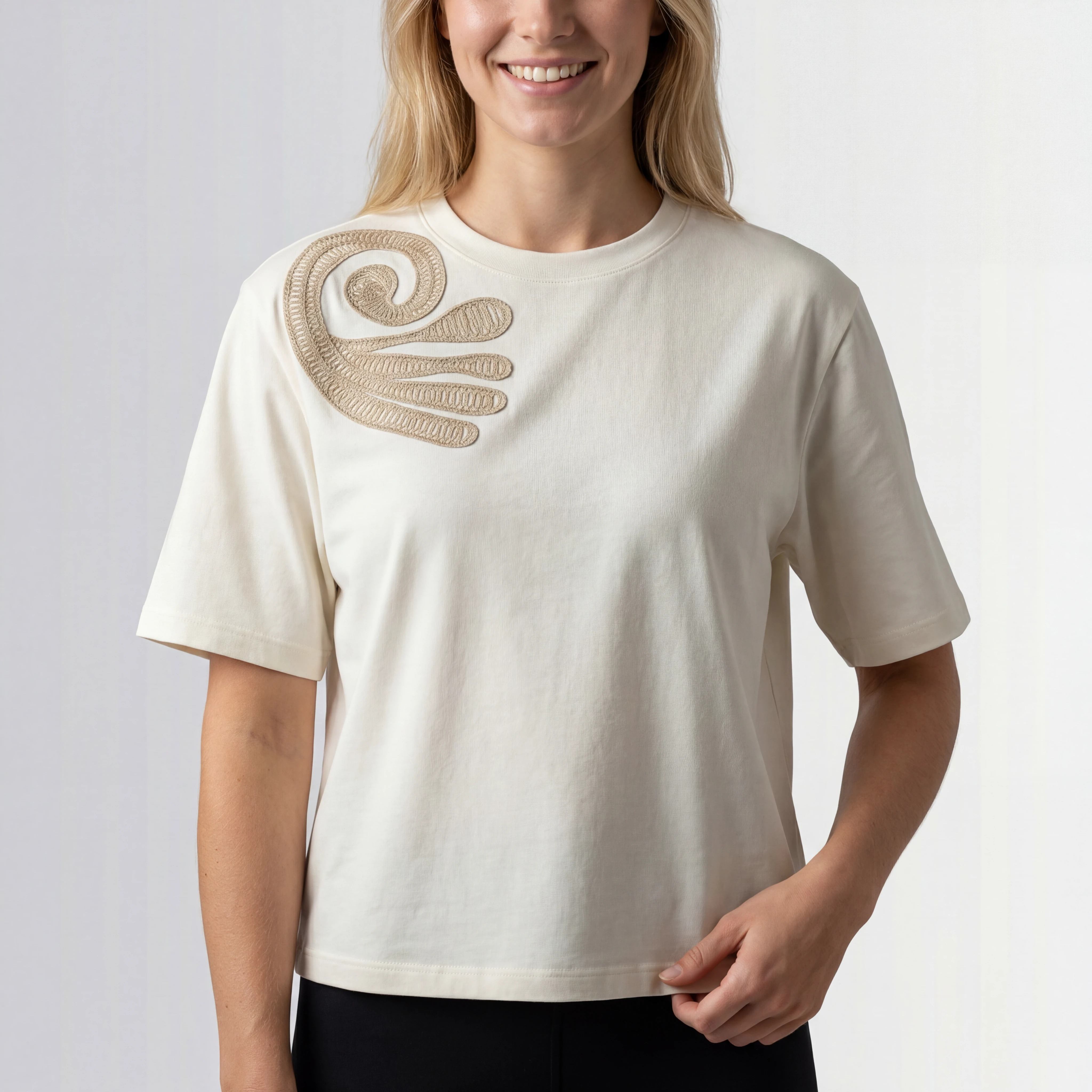 Ivory cord embroidery T-shirt styled on model front view