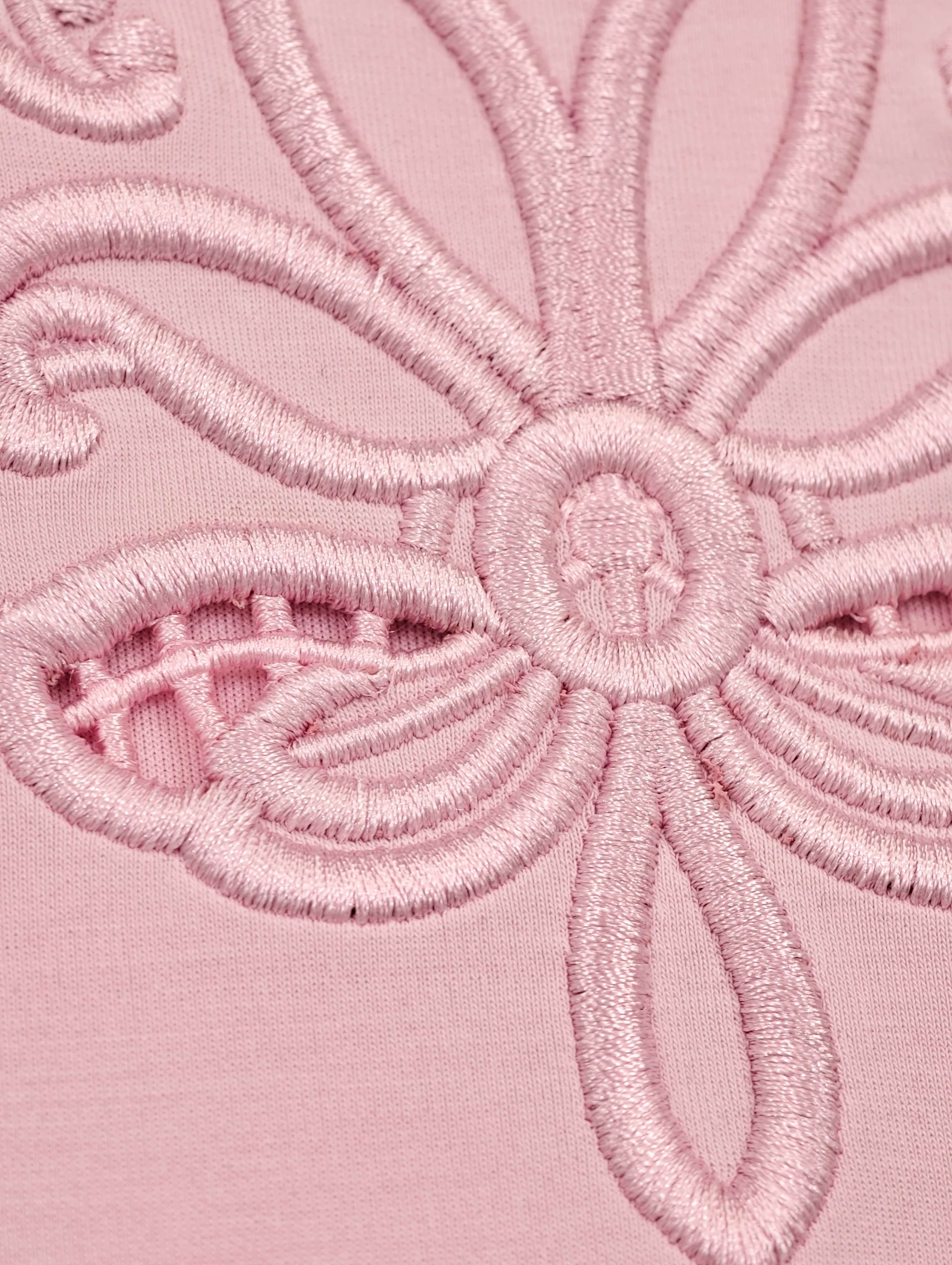 Close-up of floral embroidery and openwork stitching