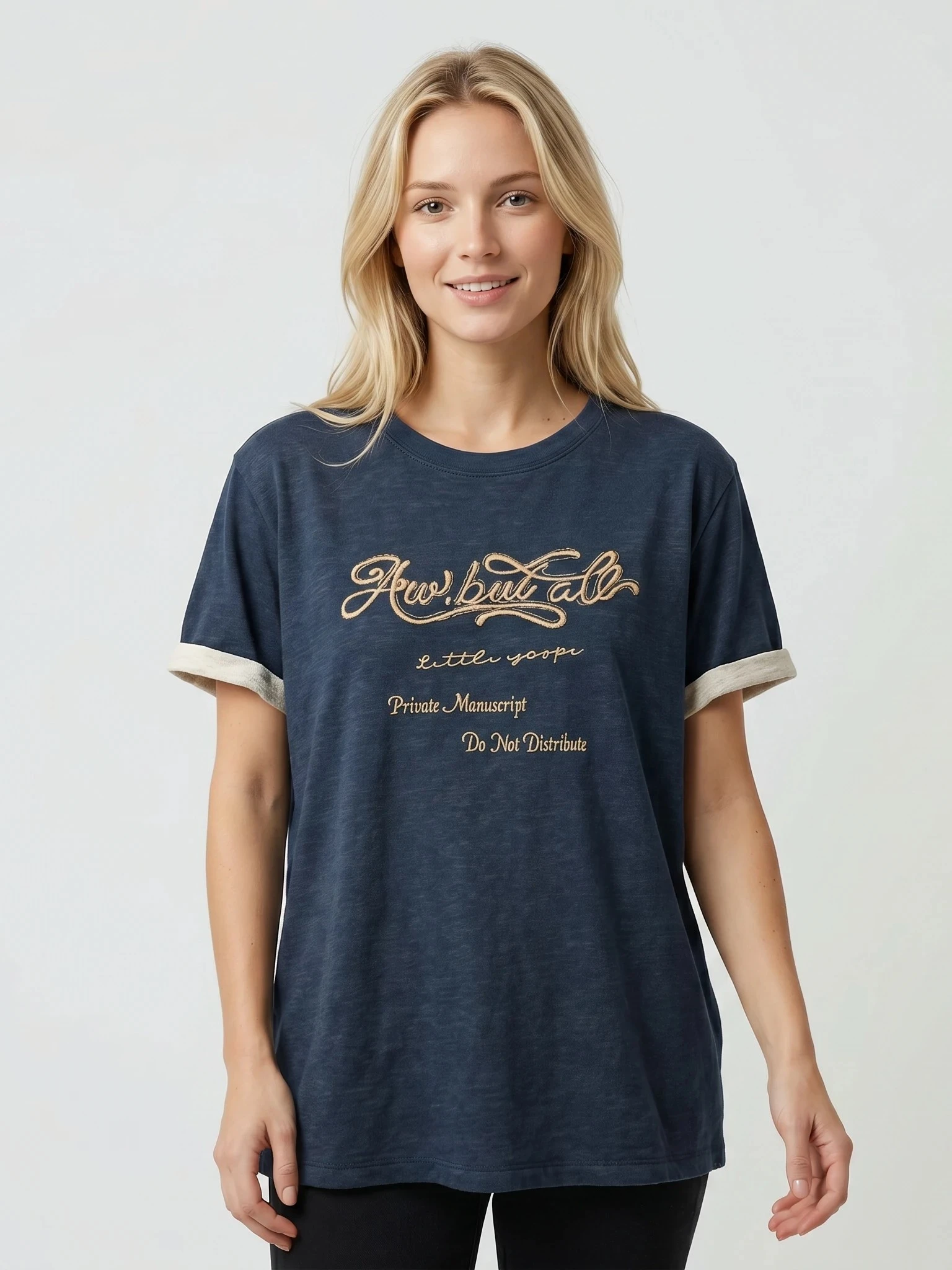 Navy embroidered relaxed T-shirt with contrast sleeve cuffs