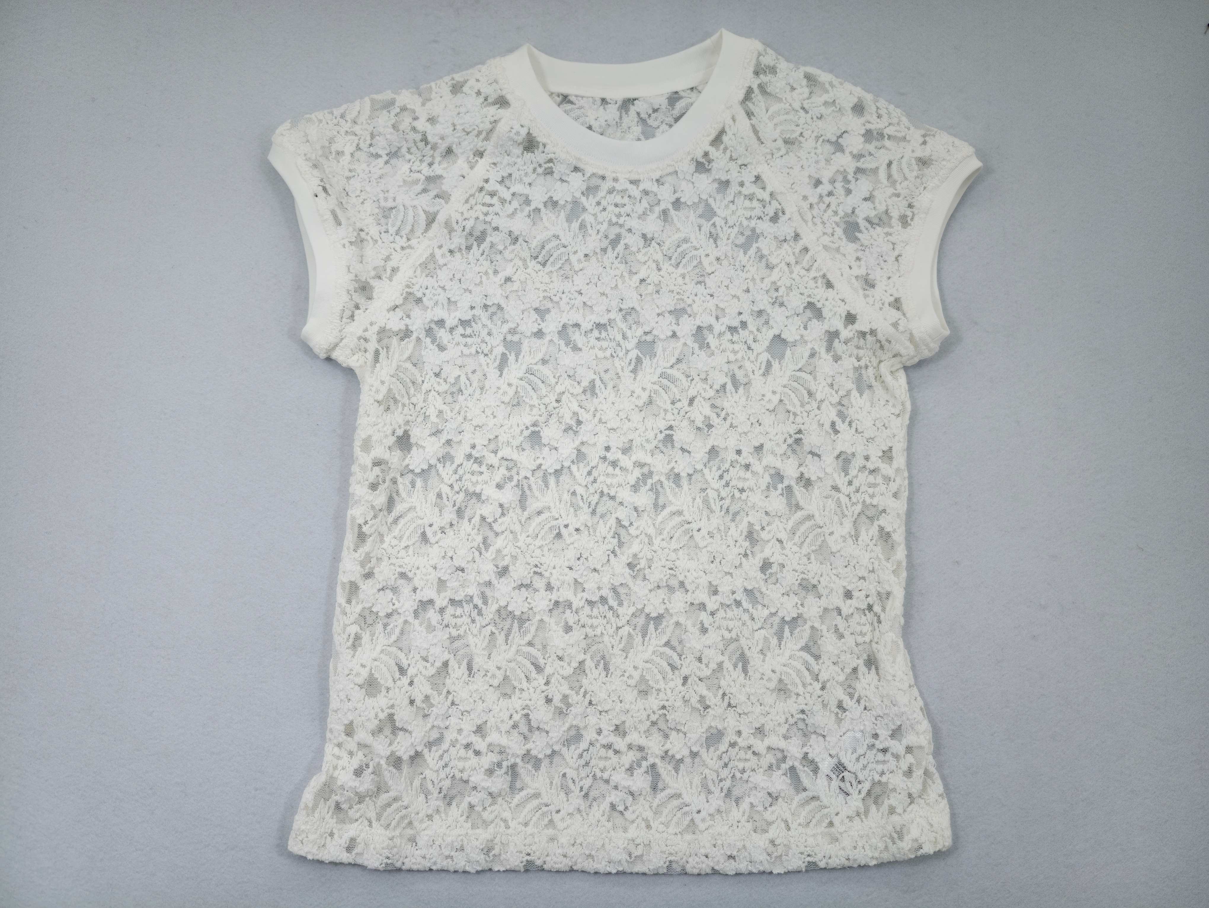 White floral stretch lace cap-sleeve T-shirt front view