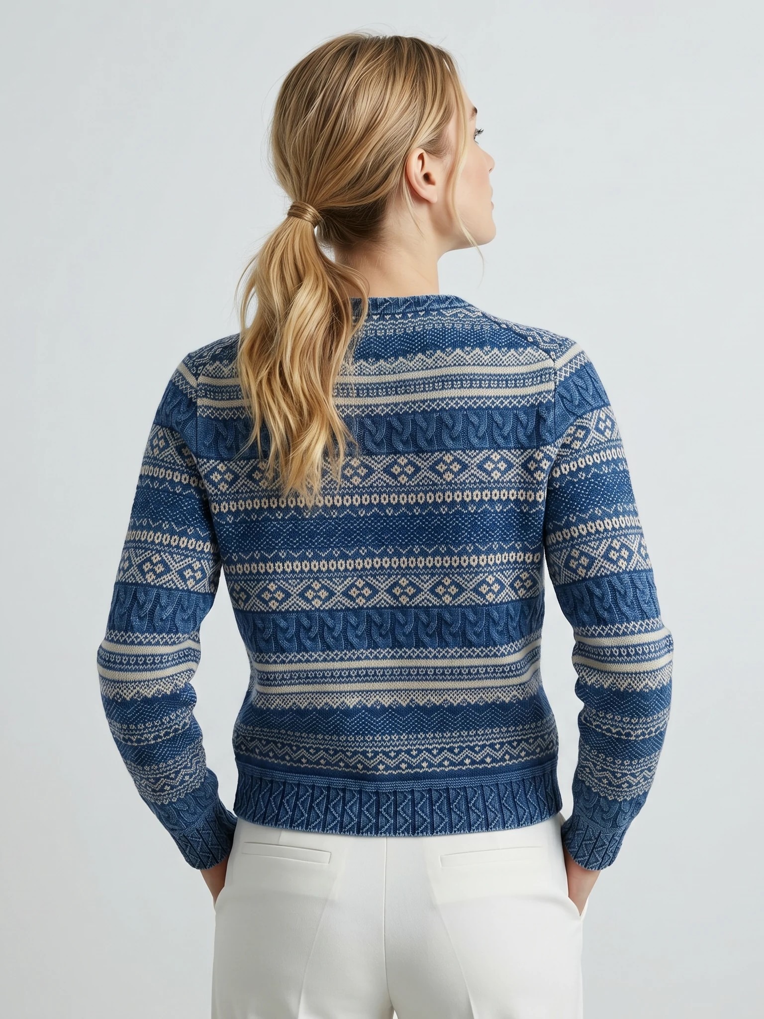 Patterned cotton cardigan back view for collection development