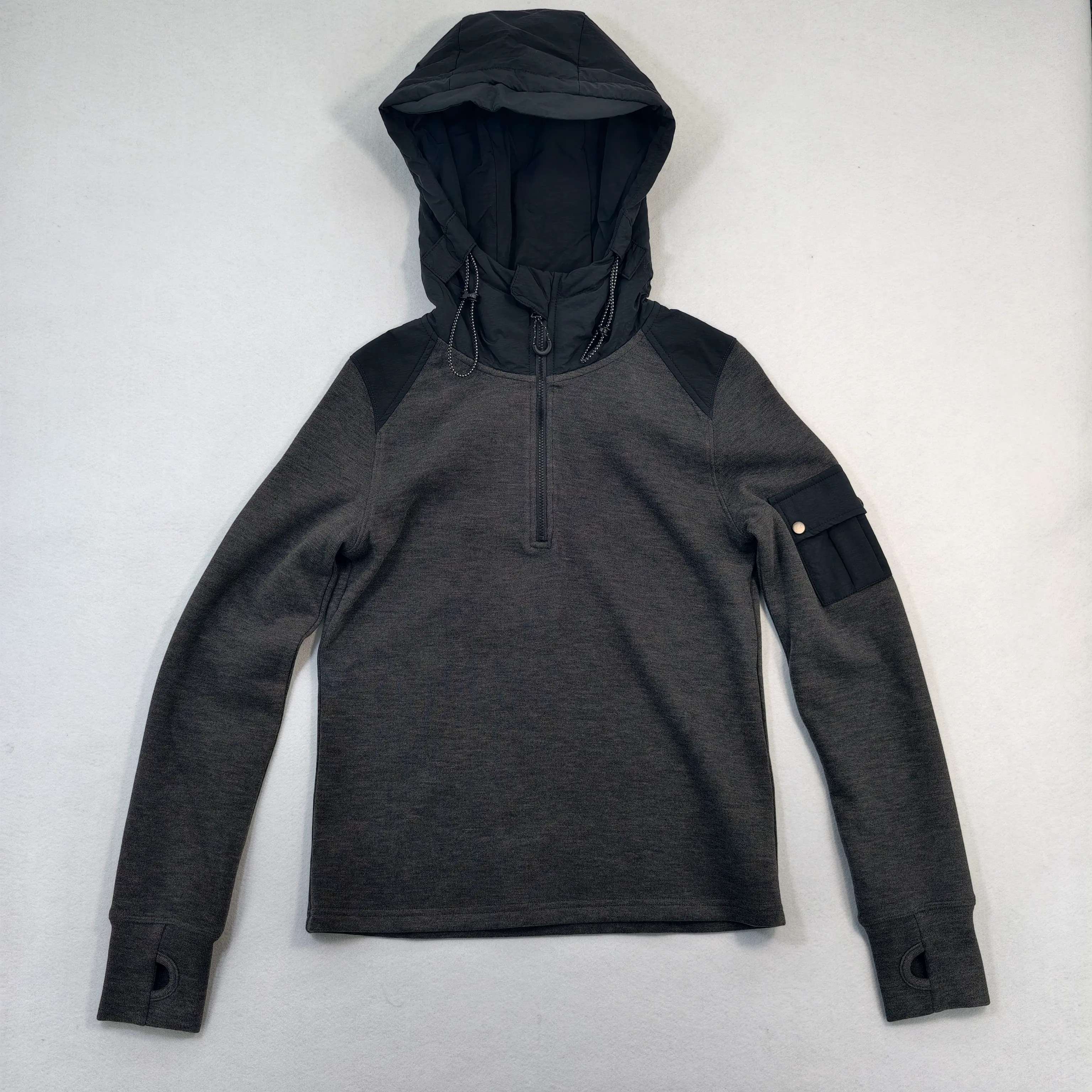 Hybrid utility hoodie front flat view with nylon hood