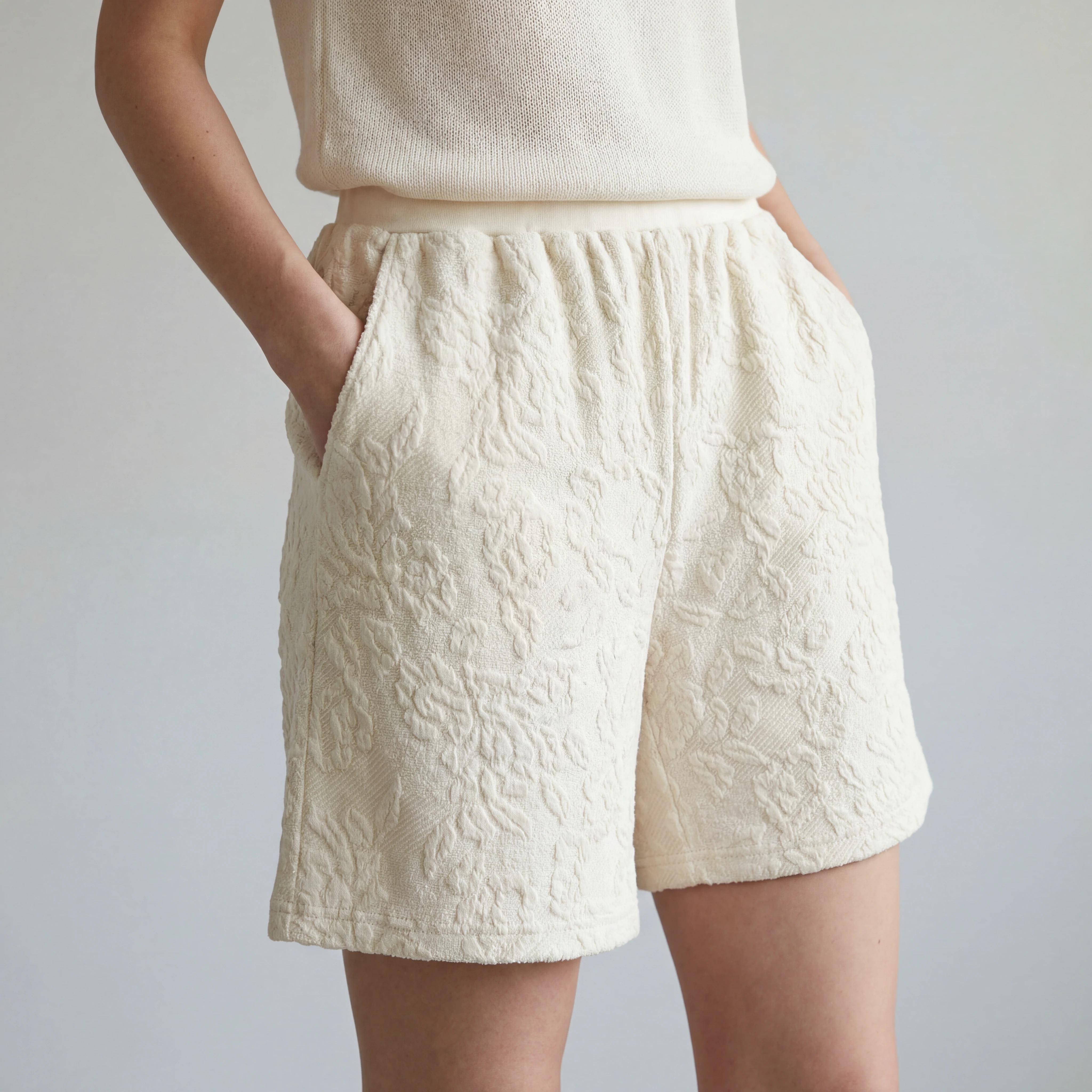Ivory floral jacquard jersey shorts front model view