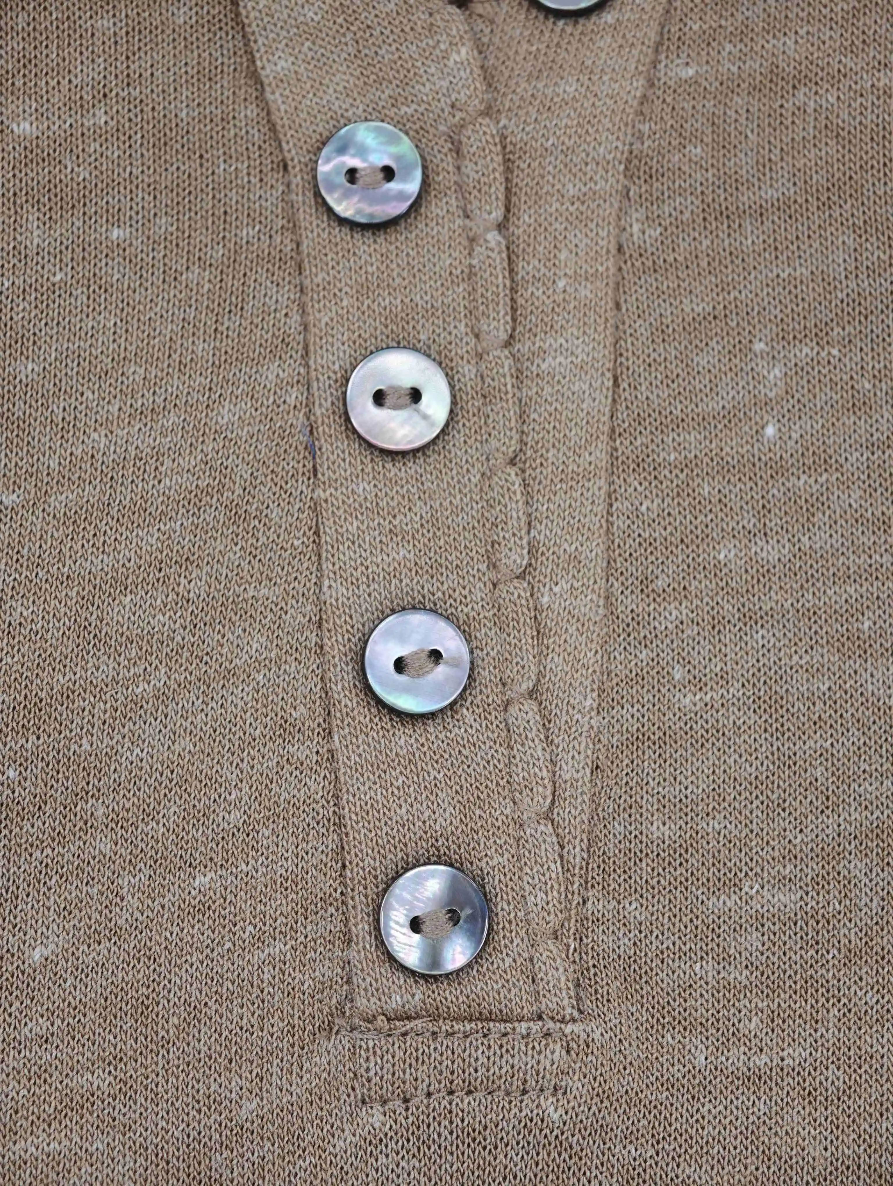 Shell button Henley placket with reinforced stitching