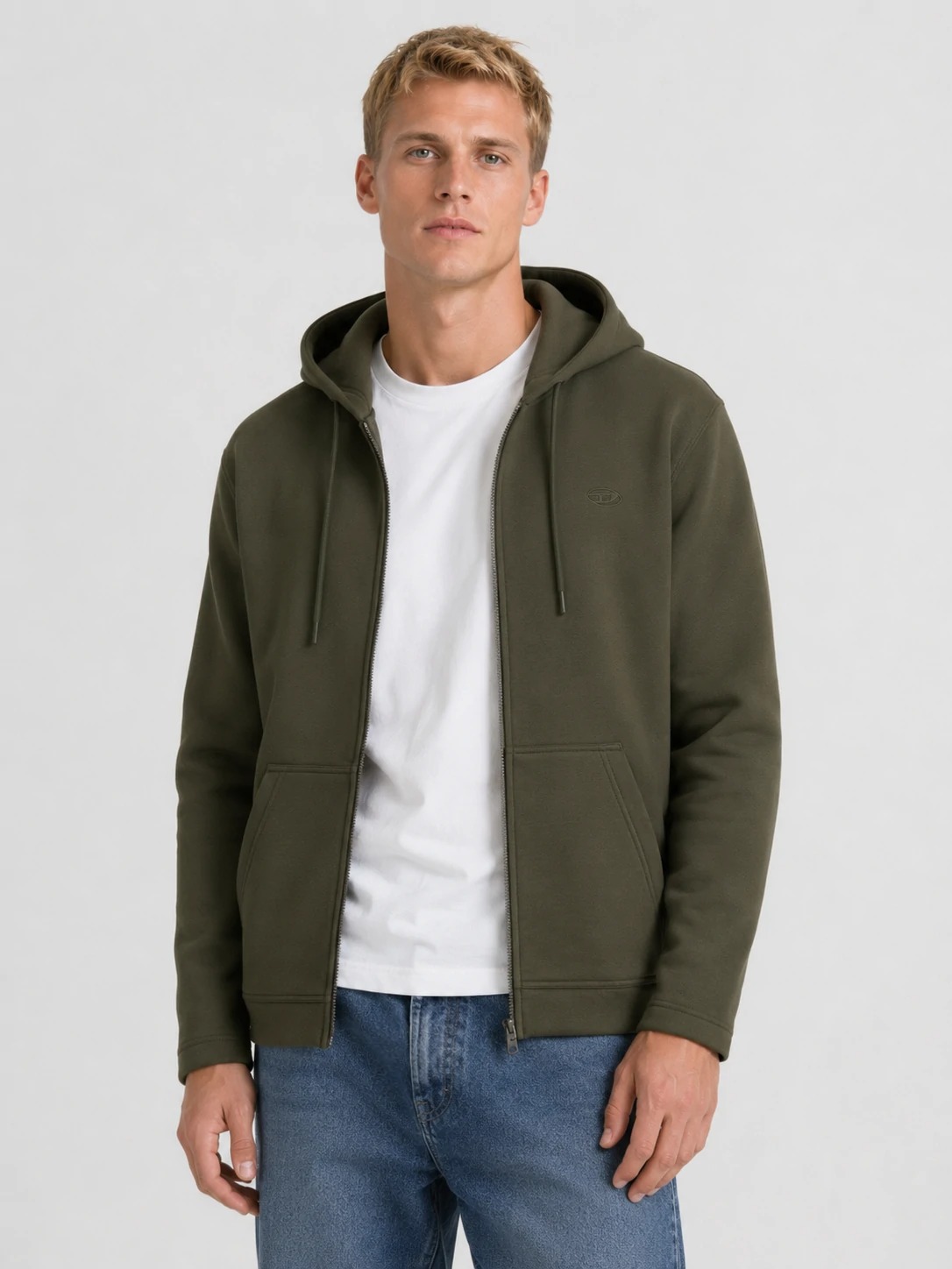 Model wearing dark olive men’s full-zip hoodie