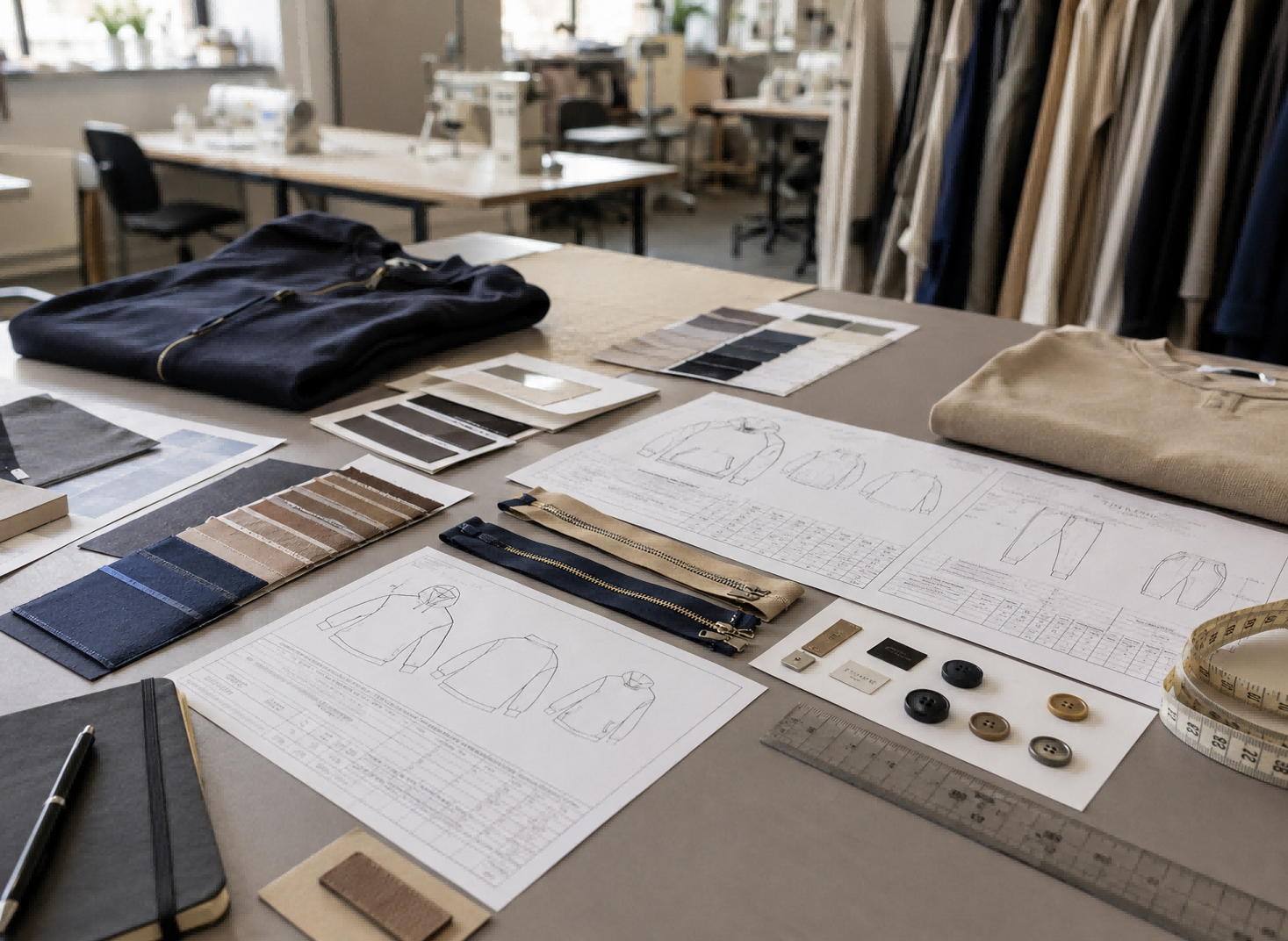 OEM apparel development with tech pack and fabric swatches