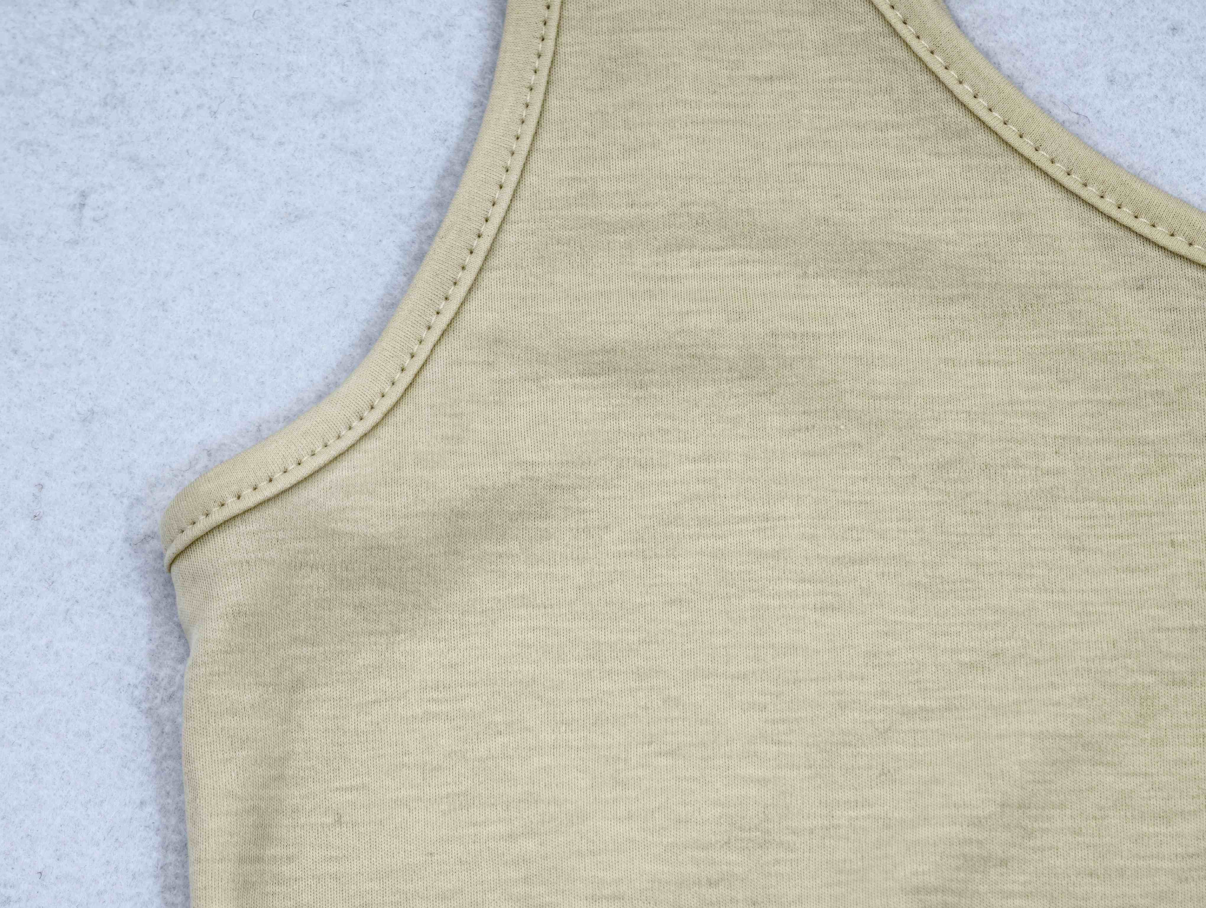 Narrow bound neckline on lightweight cotton jersey tank
