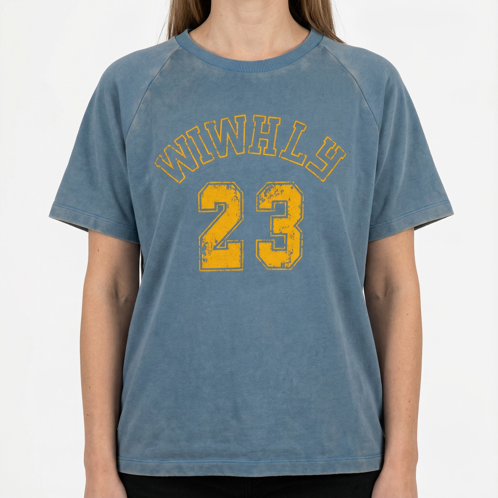 Women wearing washed blue collegiate graphic raglan T-shirt