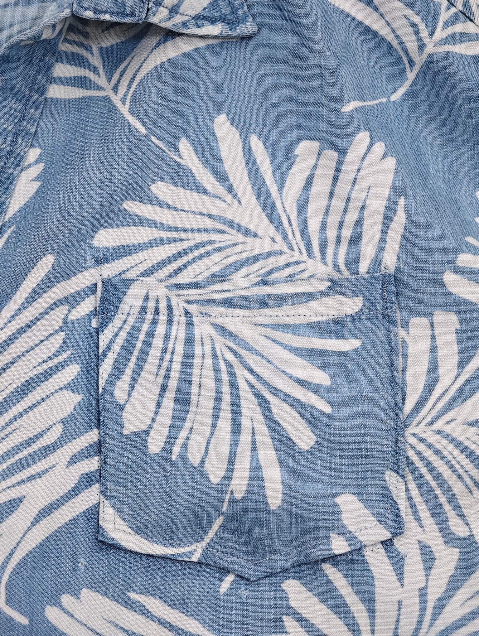 Botanical-print chest patch pocket construction detail