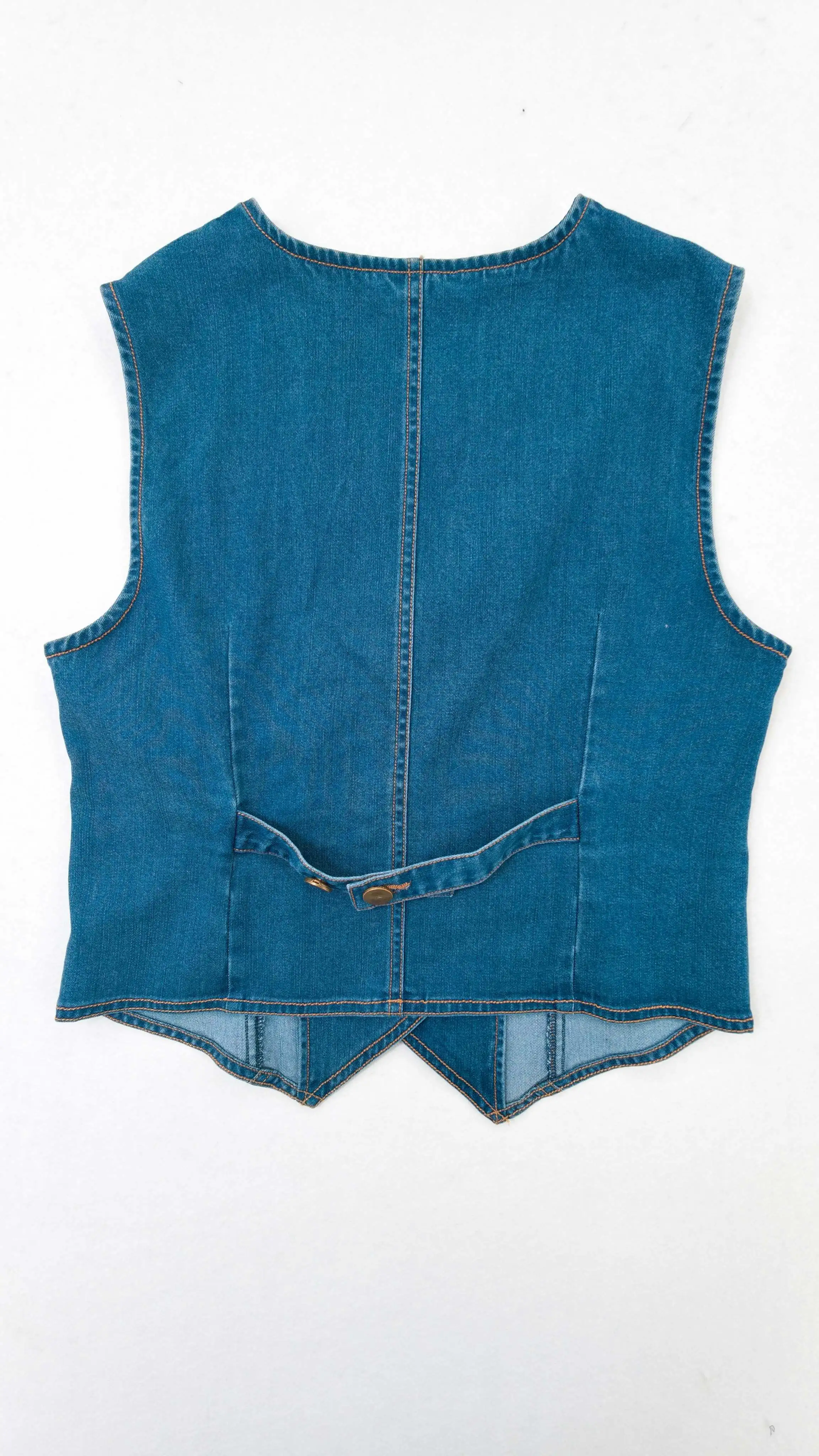 Private label denim vest back construction flat view