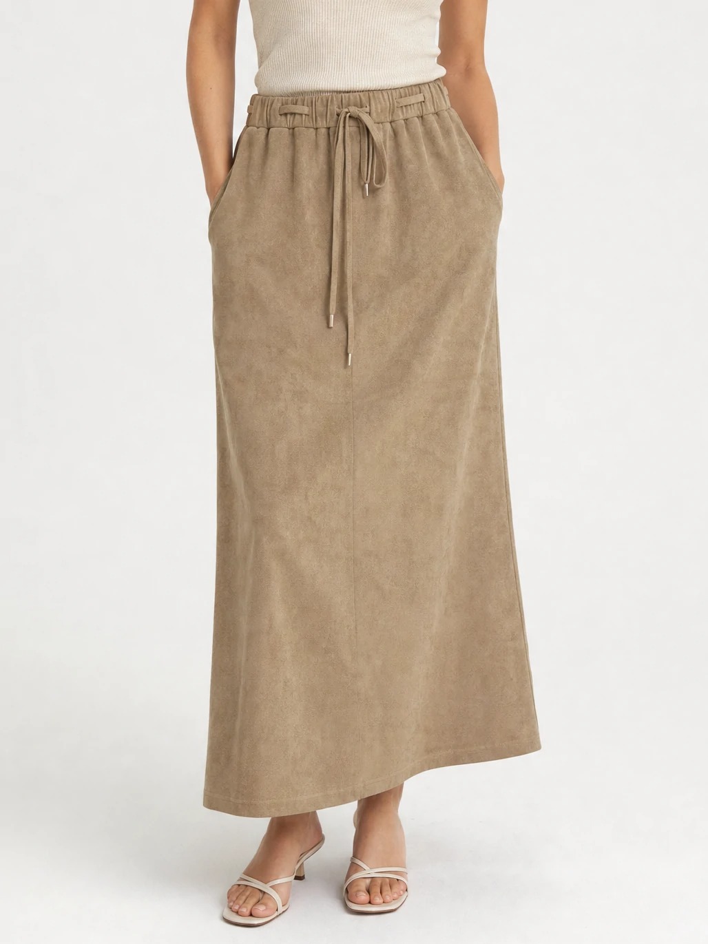Women’s taupe suede-touch maxi skirt with drawstring waist