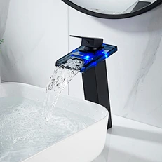 ROVATE Brass Black LED High Waterfall Basin Faucet