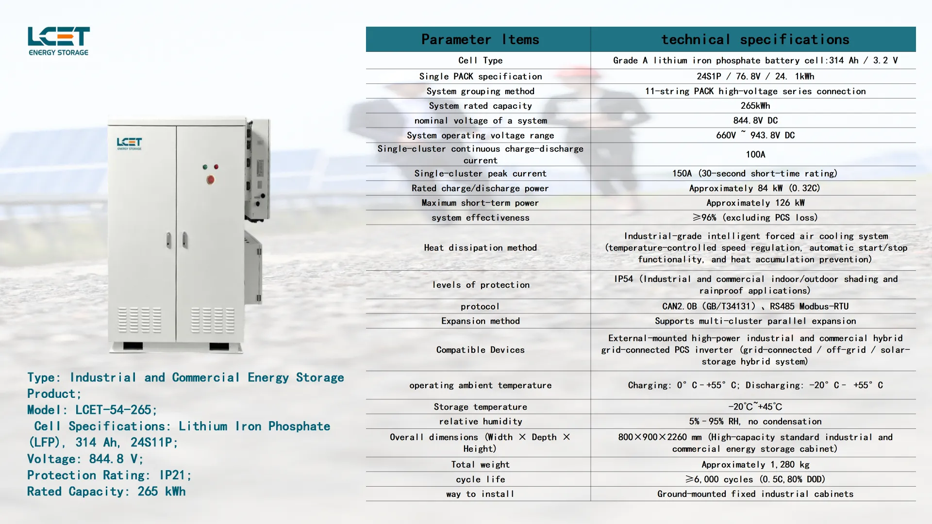 Air cooled265kWh C I Energy Storage Cabinet with External Inverter