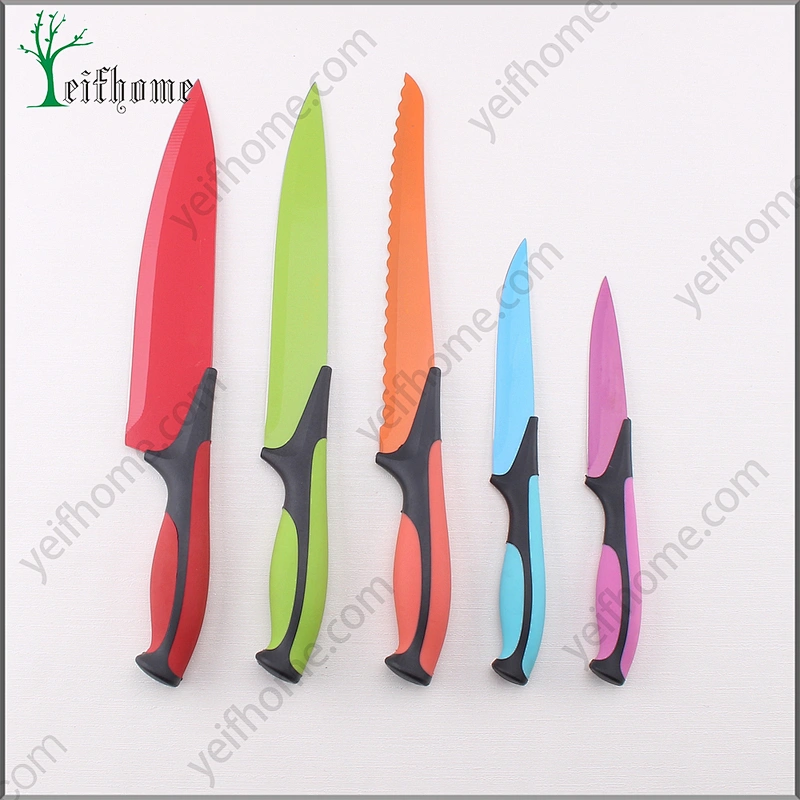 Factory supply colorful soft handle 5 pcs non-stick coating knife set