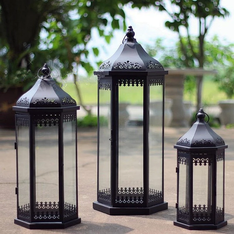 Black Color Wedding Decoration Use Hanging Candle Lantern Metal and Glass Lantern For Wedding Lighting