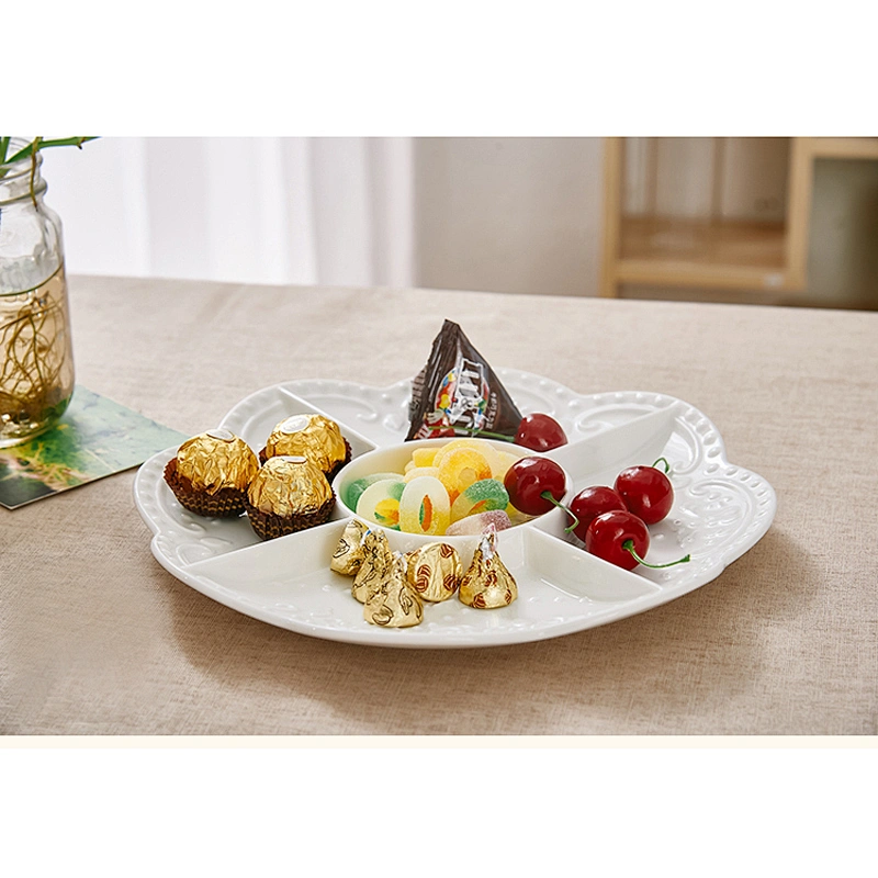 Simple Style Ceramic Dish White Lace Fruit Plate Snack Dish Customized Logo Porcelain Tableware Plate
