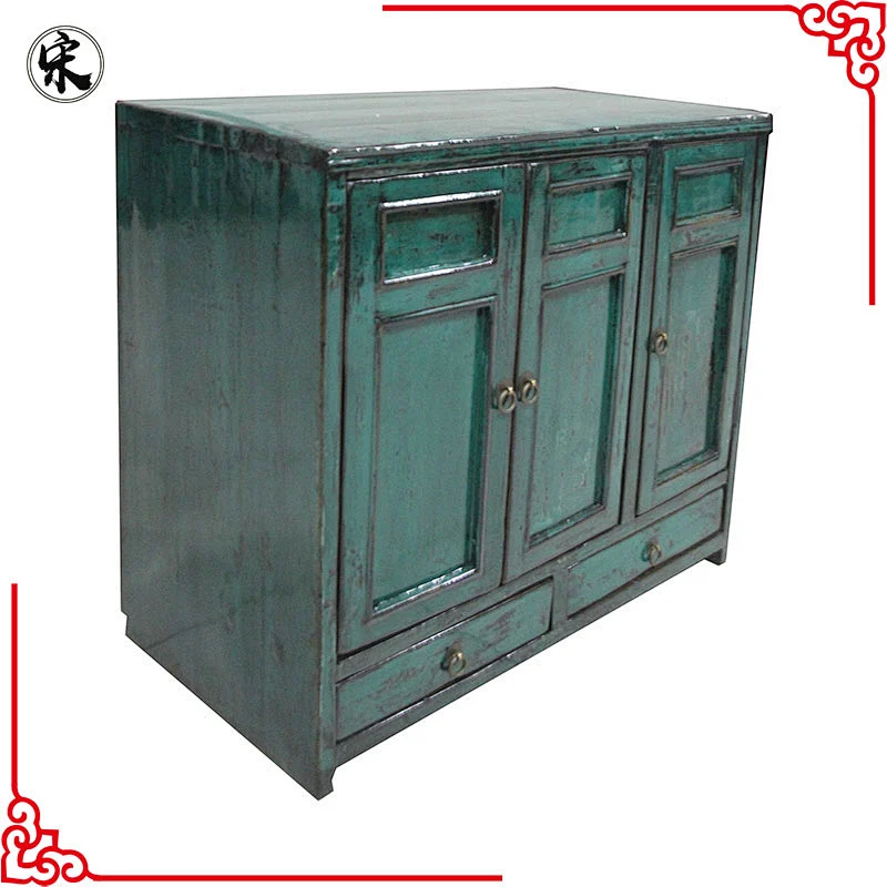 Chinese antique reproduction green glossy lacquered buffet furniture