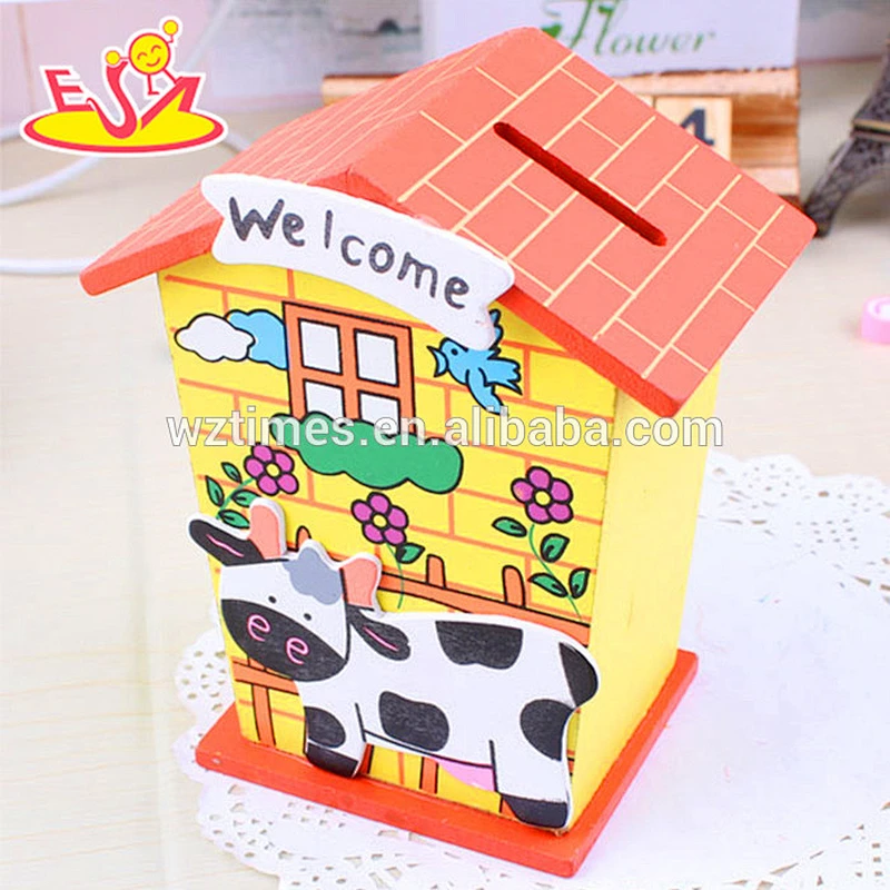 wholesale lovely baby wooden money box cheap children wooden money box with house shape W02A025