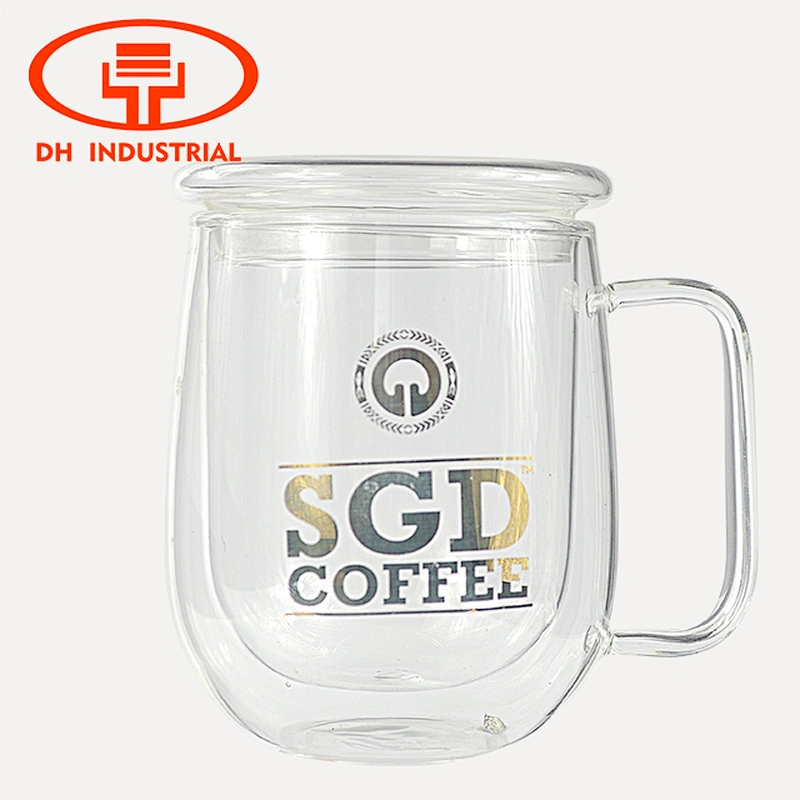 2018 High Borosilicate Double Wall Glass Coffee Cup Customized Logo Glass Water Mug with Lid and Handle