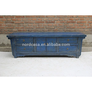 chinese antique reproduction furniture two door four drawer old pine made Blue White Green TV cabinet