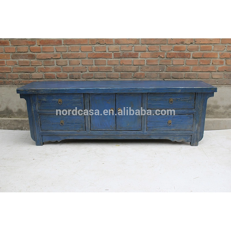 chinese antique reproduction furniture two door four drawer old pine made Blue White Green TV cabinet