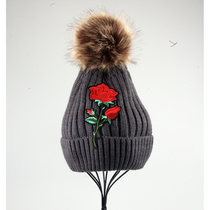 New Product Super Quality Rose Woman Emboribery Slouch Beanie Hat Knitted Beanie Hat