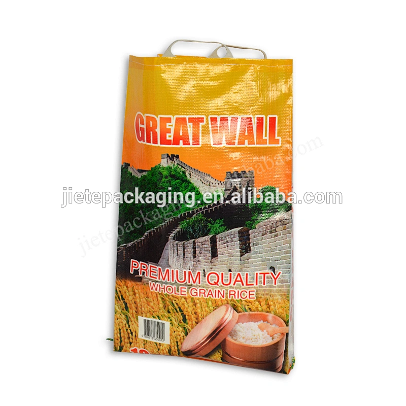 100% new material logo printing 10kg pp woven basmati rice packing bag with plastic handle