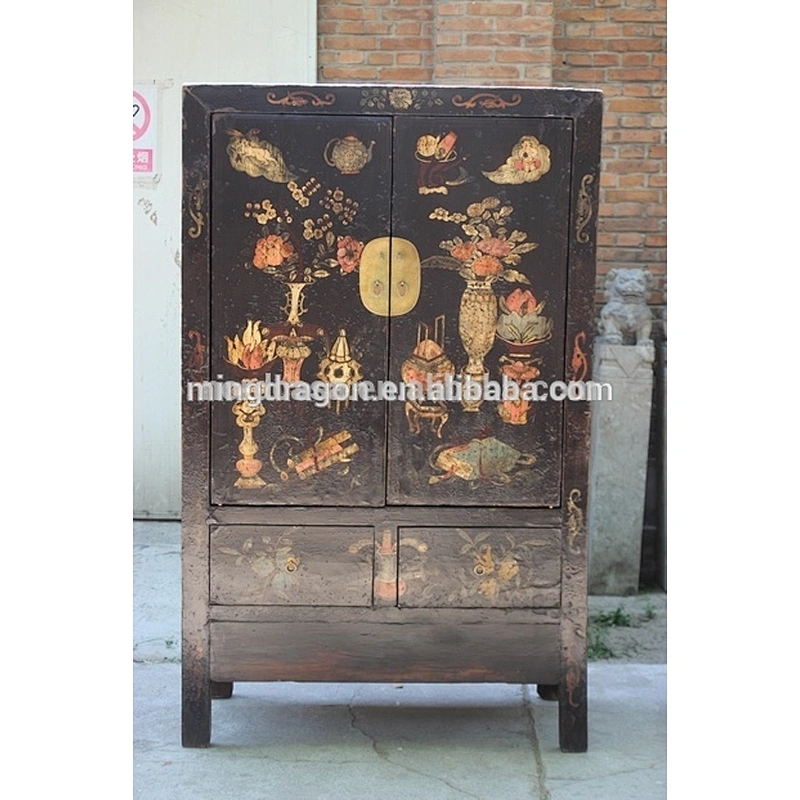 antique wood furniture lacquered black with painting old Wardrobe