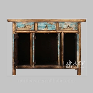 recycle pine wood three drawer four door blue chinese antique style side table