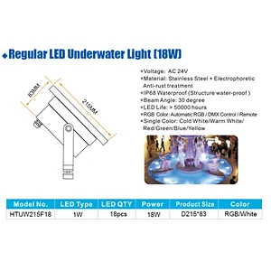 304 316S Stainless Steel IP68 Waterproof Outdoor Lighting 24V 18W Pure White Warm White RGB LED Underwater Light Wireless