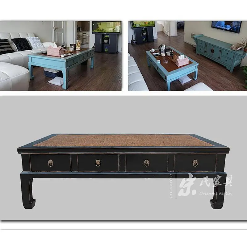 chinese lacquer solid wood pine rattan top coffee table furniture